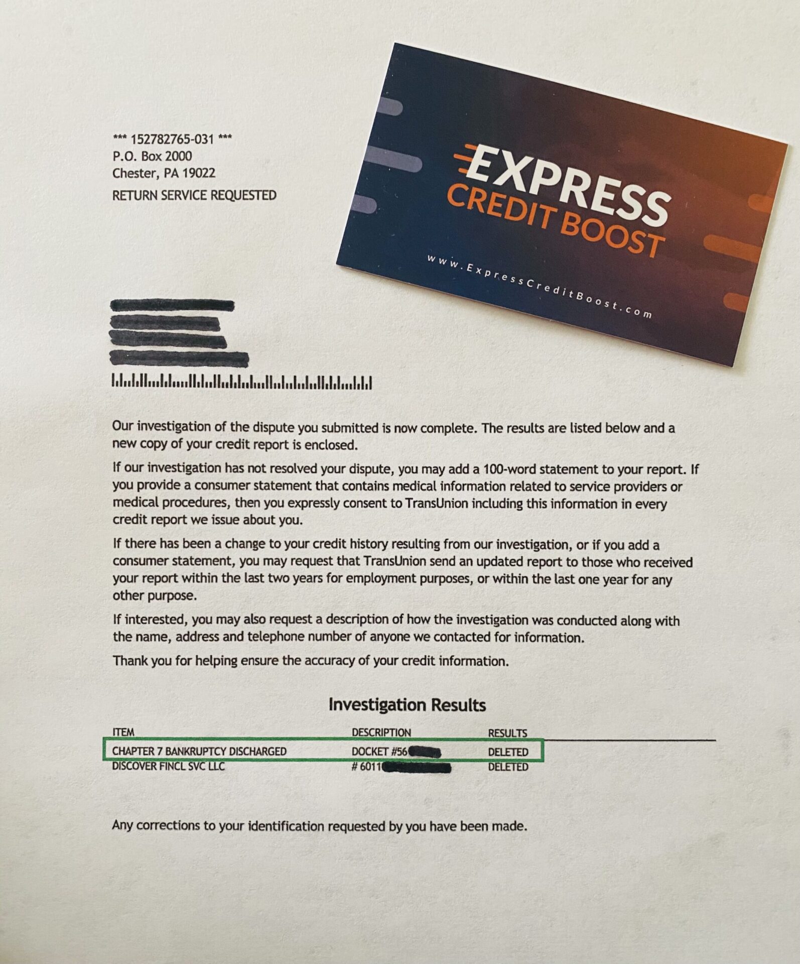 Chapter 7 bankruptcy & discover deleted